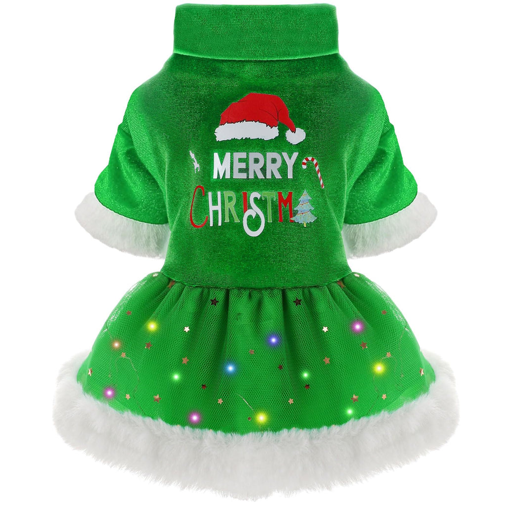 Dog Christmas Outfit Dog Tulle Dress Dog Fall Clothes for Small Dogs Girl Lightweight Velvet LED Light Puppy Dresses Pet Cat Apparel (XS Green)