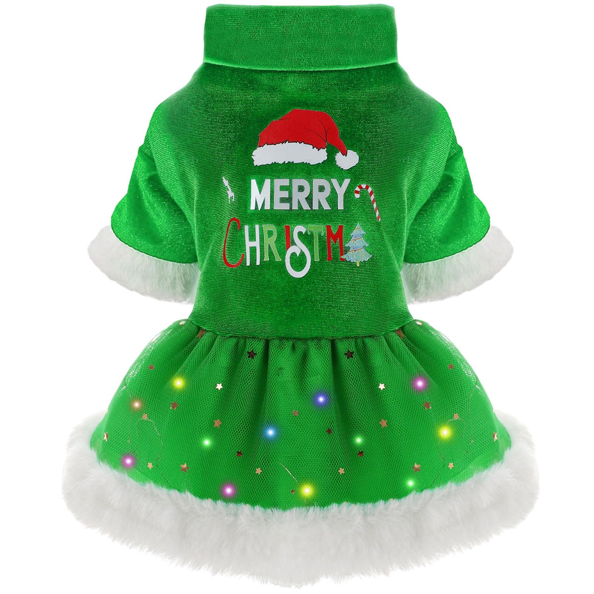 Dog Christmas Outfit Dog Tulle Dress Dog Fall Clothes for Small Dogs Girl Lightweight Velvet LED Light Puppy Dresses Pet Cat Apparel (XS Green)
