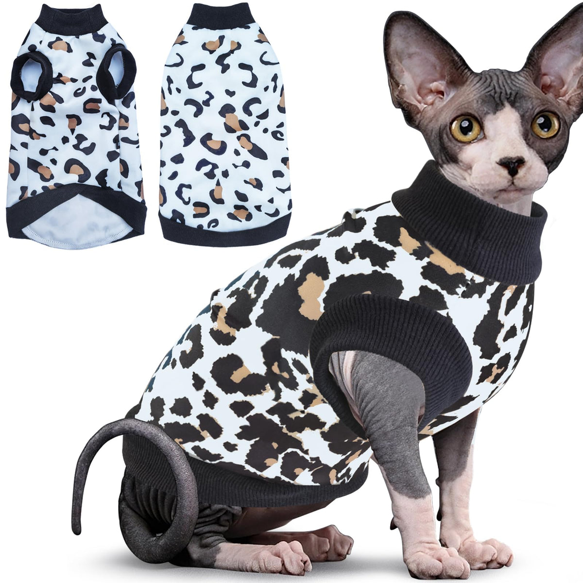 Idepet Cat Clothes Cats Sweater Soft Kitten Shirt Cute Leopard Print Cat Vest Pullover Pajamas Jumpsuit Cotton Apparel for Cat Puppy(White X-Large)
