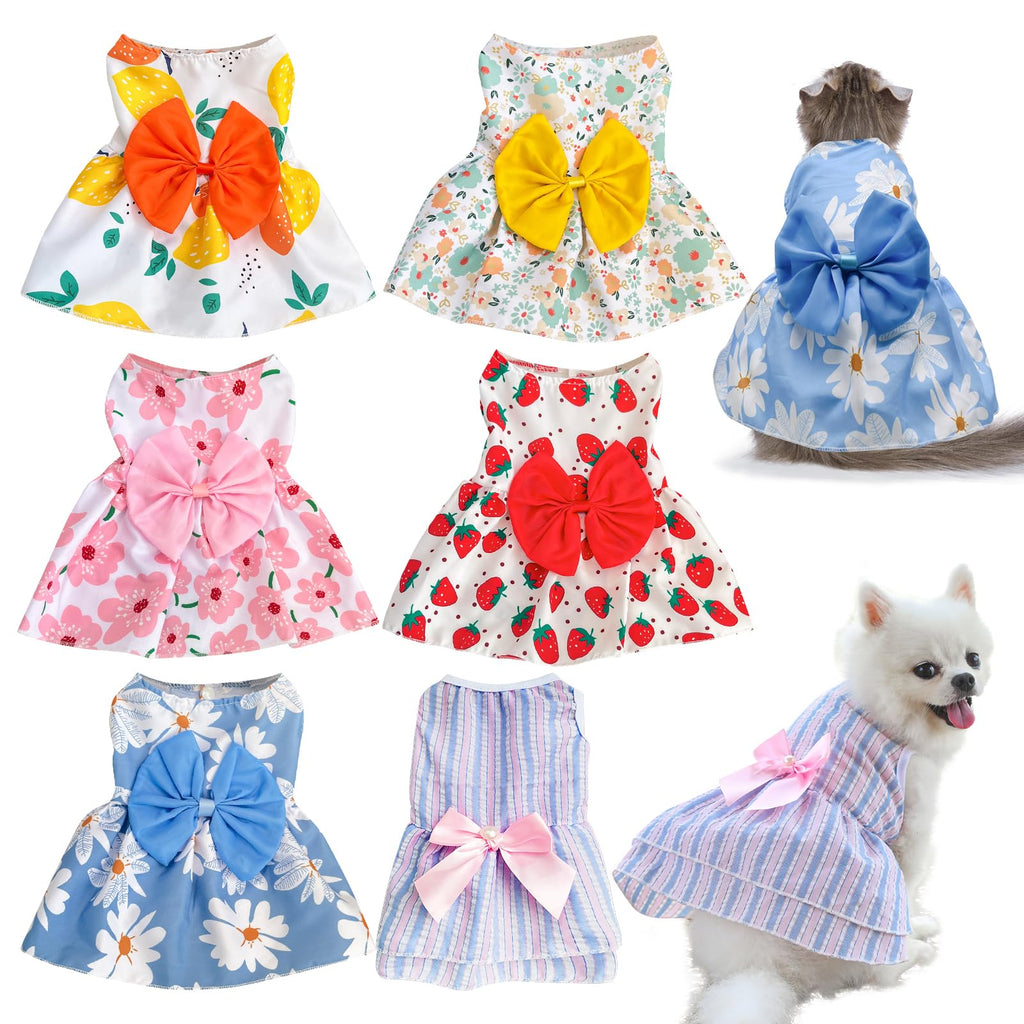 KATOLK 6 Pieces Dog Dresses for Small Dogs Girls Cute Princess Puppy Kitten Dog Dresses with Flowers and Bowknot for Pet Dogs Cats Small Dog Outfits Female Pet Skirts Clothes for Chihuahua Yorkies