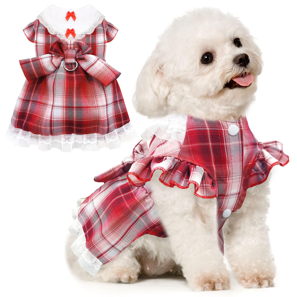 XGDMEIL Plaid Dog Dress for Small Dogs Cats Bowknot Girl Dog Clothes with D-Ring Cute Princess Pet Puppy Dresses Spring Summer Pet Outfits for Chihuahua Yorkies Shih Tzu（RedX-Small）