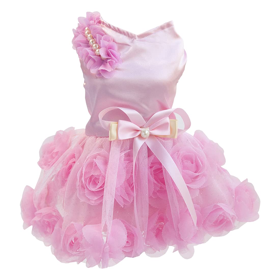 Dog Dress Luxury Puppy Skirt Dog Clothes Princess Dresses Wedding Evening Dress Tutu Skirt Rose Flower Bowknot Dress for Small Dog Girl (S Pink)