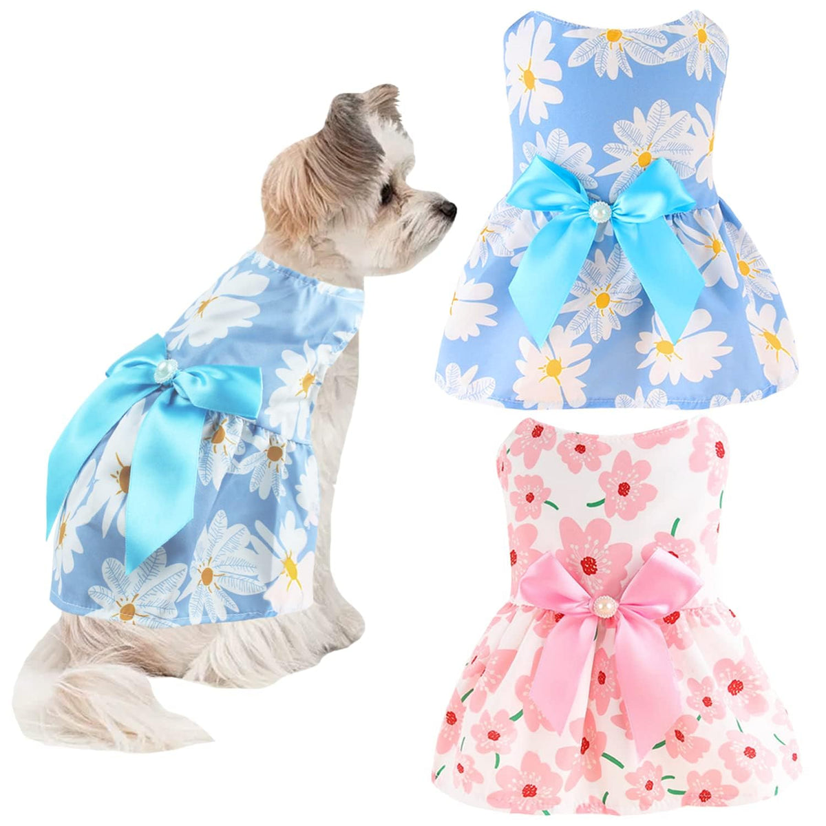 2 PCS Dog Dresses Small Dogs Clothes Girls Outfit for Pets Puppy Dresses Floral Summer Cute Female Cat Dress(Large)